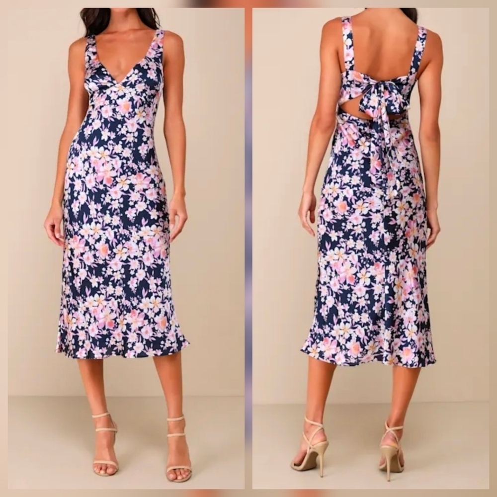 Lulu's Navy Floral Midi Dress with Pink & White Blooms and Open Tie Back